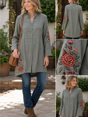 April Cornell Prague Jacket Tunic Vintage Sage Embroidered Rayon NWT S
